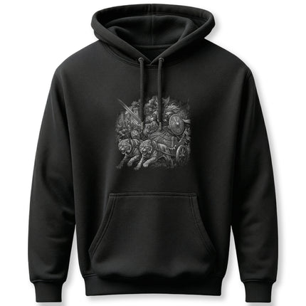 Grayscale Norse mythology art print of Freya and warriors on a black pullover hoodie.