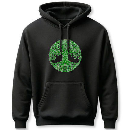 Green Celtic Tree of Life knotwork design on a black pullover hoodie. Irish knotwork art.