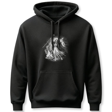 Morrigan Celtic Goddess mythology graphic on a black pullover hoodie.