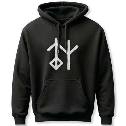 Black pullover hoodie featuring a white Norse rune symbol (Galdrastafir) design.