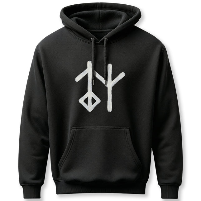 Black pullover hoodie featuring a white Norse rune symbol (Galdrastafir) design.