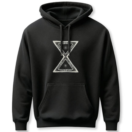 Black hoodie featuring the Lakota Kapemni symbol graphic. Indigenous Native American design.