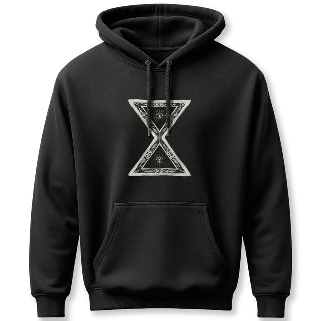 Black hoodie featuring the Lakota Kapemni symbol graphic. Indigenous Native American design.
