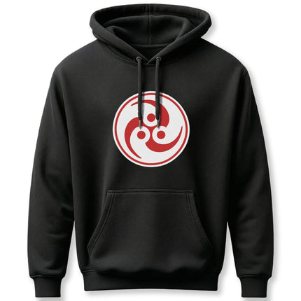 Black hoodie featuring the red and white Tomoe Mitsudomoe Japanese symbol design.