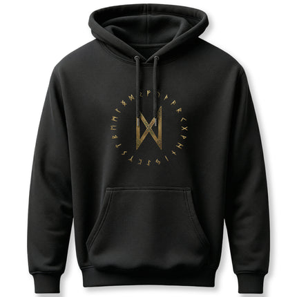 Black hoodie featuring the Dagaz rune and full Elder Futhark alphabet in gold Norse design.