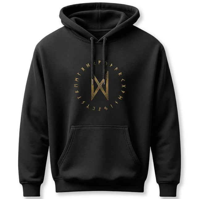 Black hoodie featuring the Dagaz rune and full Elder Futhark alphabet in gold Norse design.