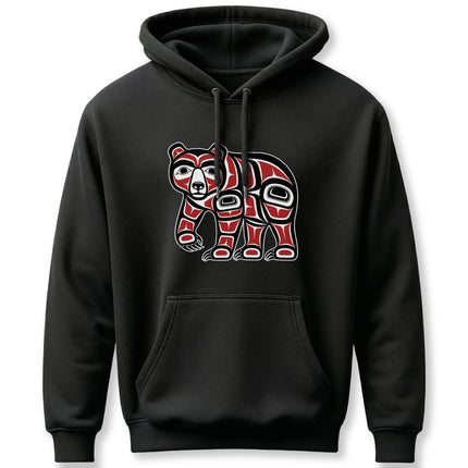 Tribal Pacific Northwest bear formline art graphic on a black hoodie.