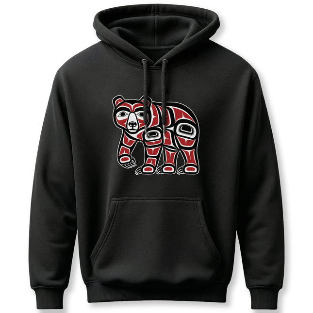 Tribal Pacific Northwest bear formline art graphic on a black hoodie.