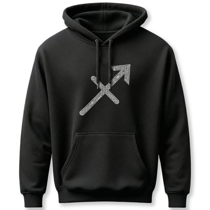 Sagittarius zodiac arrow with Celtic knot design on a black hoodie.