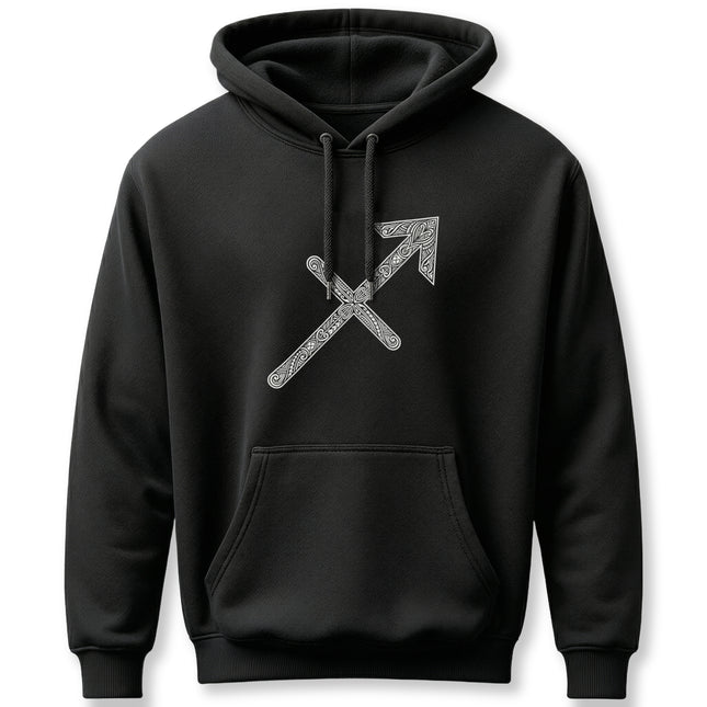 Sagittarius zodiac arrow with Celtic knot design on a black hoodie.