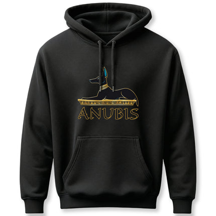 Gold Anubis jackal god graphic on a black hoodie, featuring Egyptian mythology art.