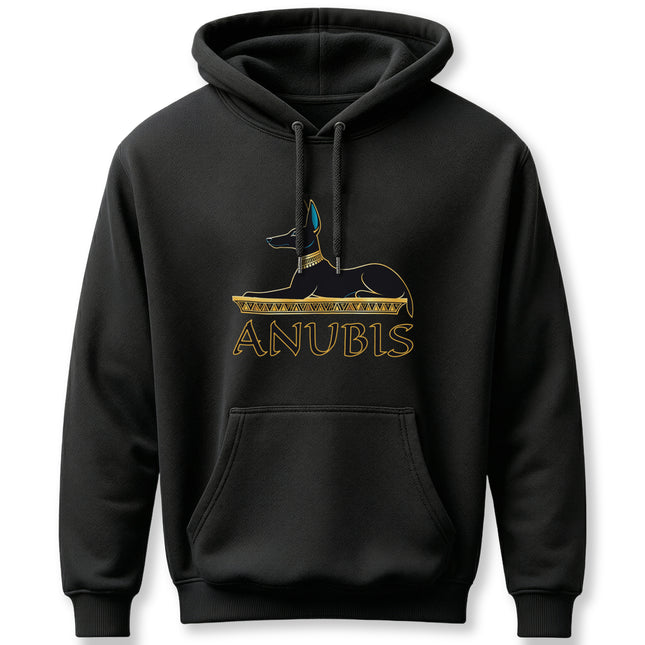 Gold Anubis jackal god graphic on a black hoodie, featuring Egyptian mythology art.