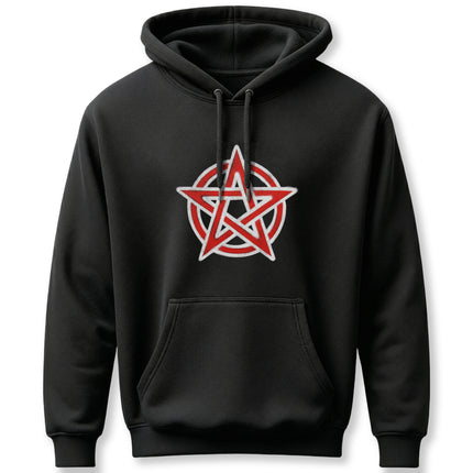 Black hoodie featuring a red pentagram occult symbol graphic.