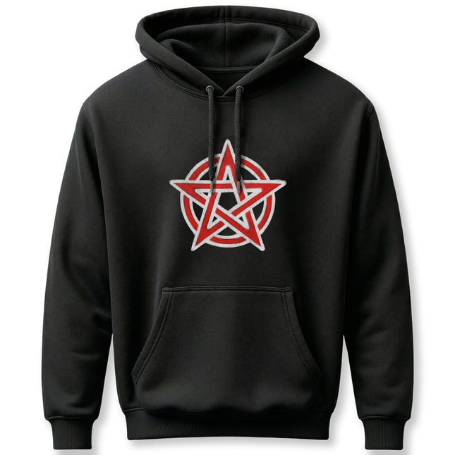 Black hoodie featuring a red pentagram occult symbol graphic.