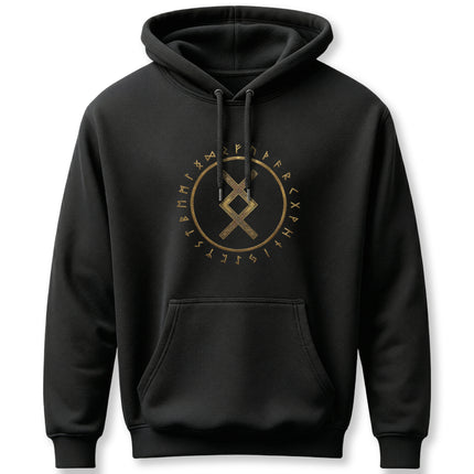 Black pullover hoodie featuring a gold Futhark rune circle and Inguz rune design.