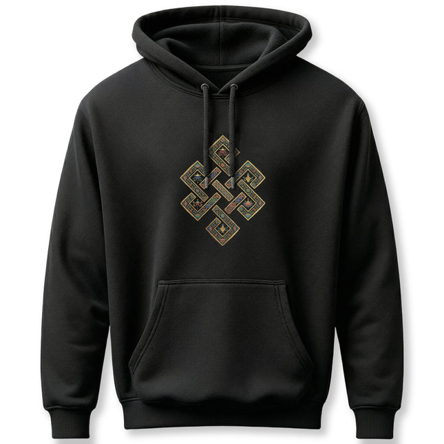 Black hoodie featuring the intricate Endless Knot Tibetan Buddhist symbol design.