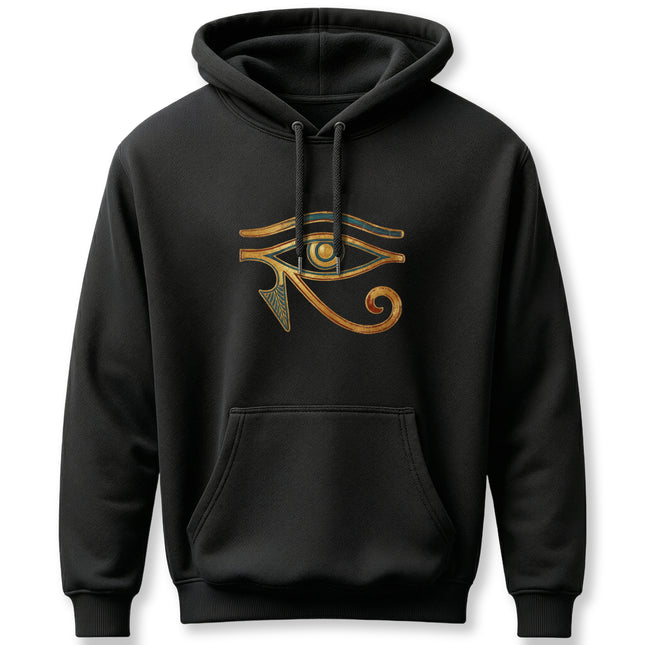 Eye of Horus (Wadjet) symbol graphic in gold and blue on a black hoodie.