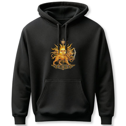 Shir-o-Khorshid Lion and Sun symbol design on a black pullover hoodie, representing Persian culture.