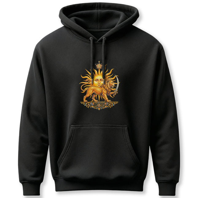 Shir-o-Khorshid Lion and Sun symbol design on a black pullover hoodie, representing Persian culture.