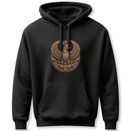 Shabaz Persian Mythology Eagle graphic on a black pullover hoodie.