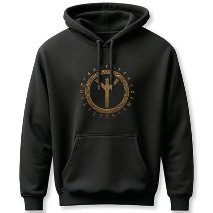 Black Norse hoodie featuring the Algiz rune and Elder Futhark circle design.