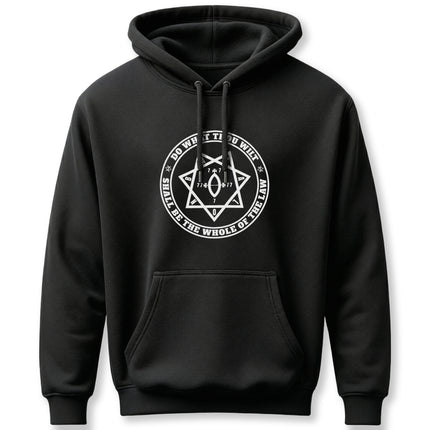 Black occult hoodie featuring the Star of Babalon and "Do What Thou Wilt" graphic.