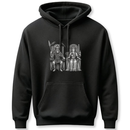 Norse gods Odin and Frigg art print on black pullover hoodie.