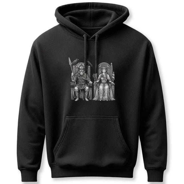 Norse gods Odin and Frigg art print on black pullover hoodie.