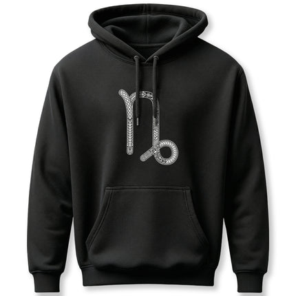 Ornate Capricorn zodiac symbol on a black pullover hoodie.