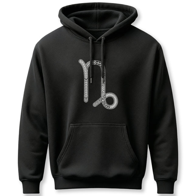 Ornate Capricorn zodiac symbol on a black pullover hoodie.