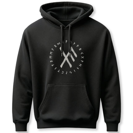 Black Norse rune hoodie featuring Elder Futhark symbols and pagan spiritual design.