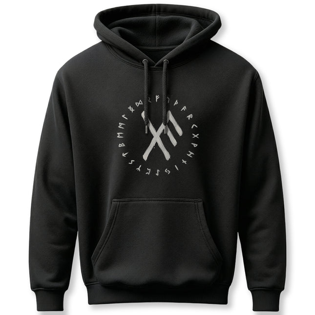 Black Norse rune hoodie featuring Elder Futhark symbols and pagan spiritual design.