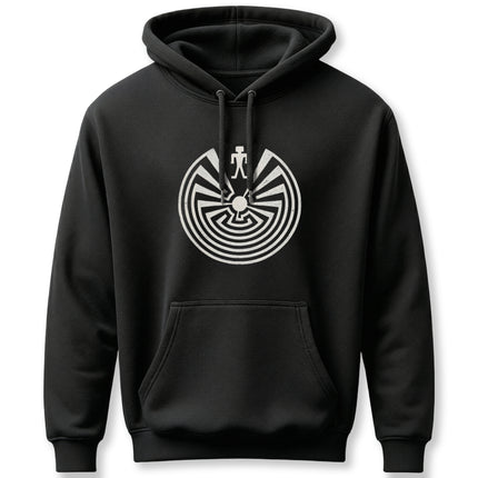 Tohono O'odham Man in the Maze symbol on a black pullover hoodie.
