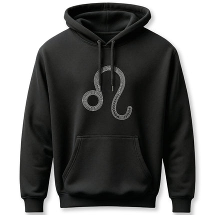Black pullover hoodie featuring an intricate Leo zodiac sign symbol. Astrology apparel.