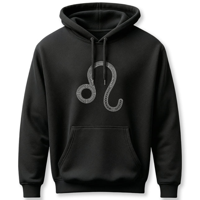 Black pullover hoodie featuring an intricate Leo zodiac sign symbol. Astrology apparel.