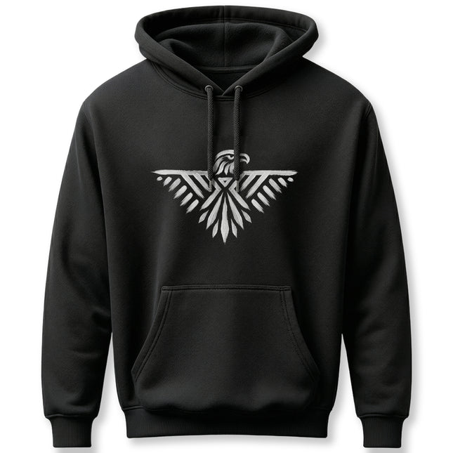 Black pullover hoodie with a white geometric tribal eagle graphic.