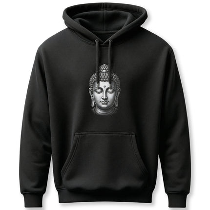 Grayscale Buddha head graphic on a black pullover hoodie. Zen meditation spiritual wear.