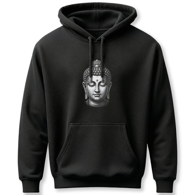 Grayscale Buddha head graphic on a black pullover hoodie. Zen meditation spiritual wear.