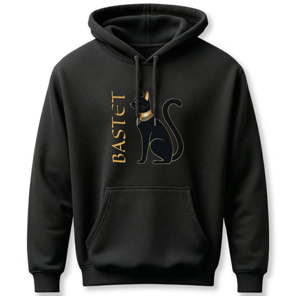 Black hoodie with gold Bastet Egyptian cat goddess graphic and text.