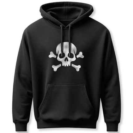 Pirate skull and crossbones graphic on a black unisex pullover hoodie.