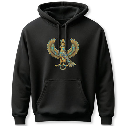 Persian Shahbaz falcon graphic on black hoodie, featuring mythical winged bird art.