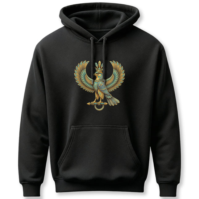 Persian Shahbaz falcon graphic on black hoodie, featuring mythical winged bird art.