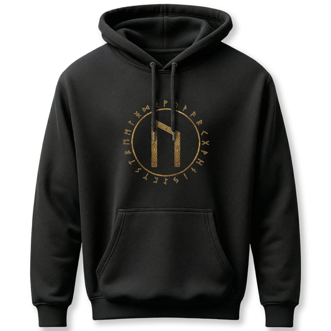 Black Norse mythology hoodie featuring the Uruz rune and Elder Futhark circle in gold detail.