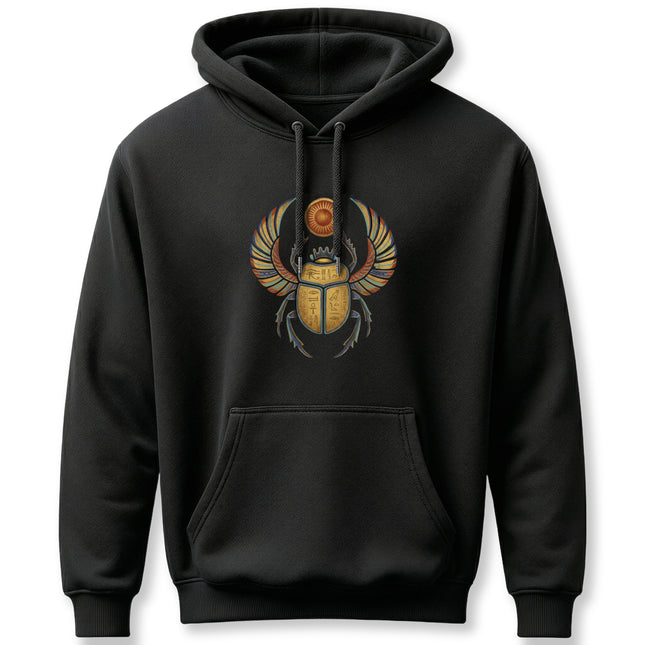 Khepri scarab sun god graphic on a black Egyptian mythology hoodie.
