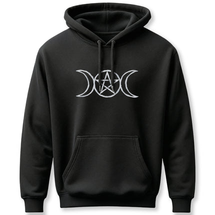 Black hoodie featuring a triple moon and pentagram occult symbol.