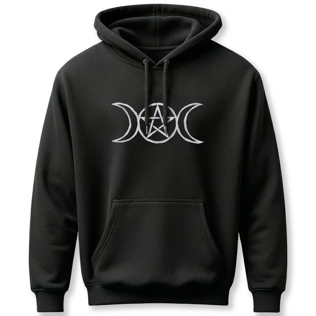 Black hoodie featuring a triple moon and pentagram occult symbol.