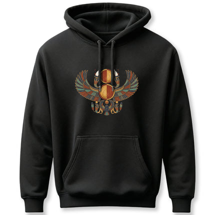 Winged scarab and sun disk graphic inspired by ancient Egyptian mythology.