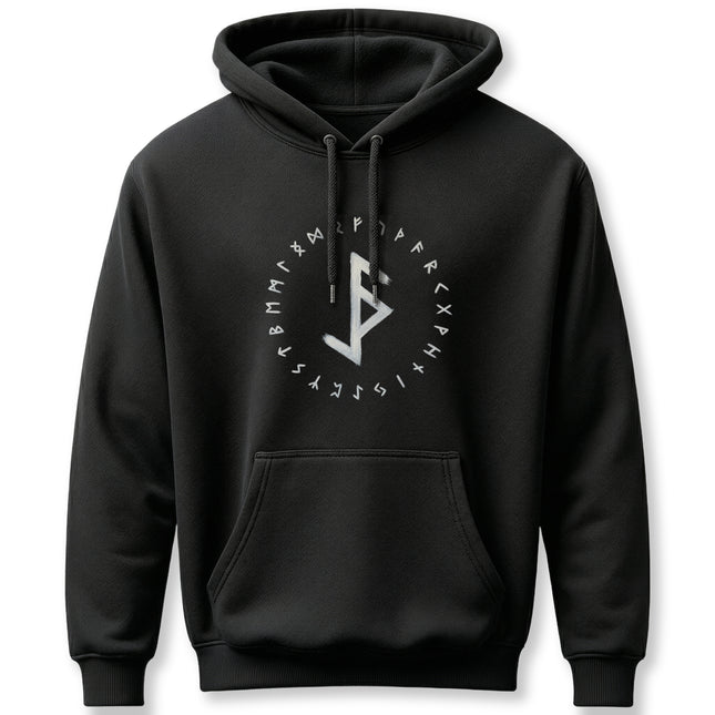 Black rune hoodie featuring the Elder Futhark alphabet and a protective Viking Norse magic symbol.