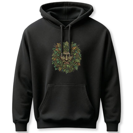 Green Man nature spirit design on a black hoodie, featuring lush foliage and mythological forest leaves.