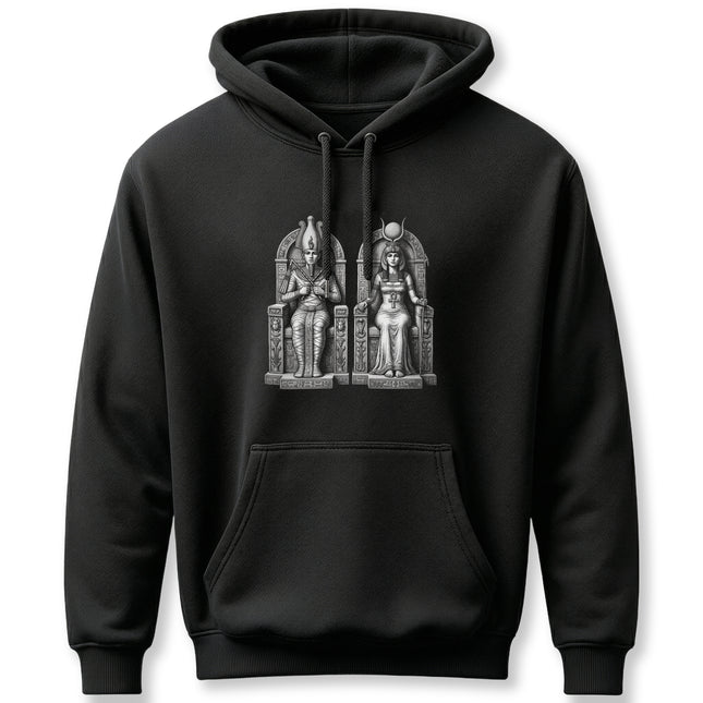 Isis and Osiris Egyptian gods design, ancient mythology grayscale print on a black hoodie.